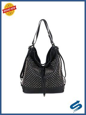 Over-size Studded Bucket Bag with Vegan Leather, 3 Ways Multifunction Backpack